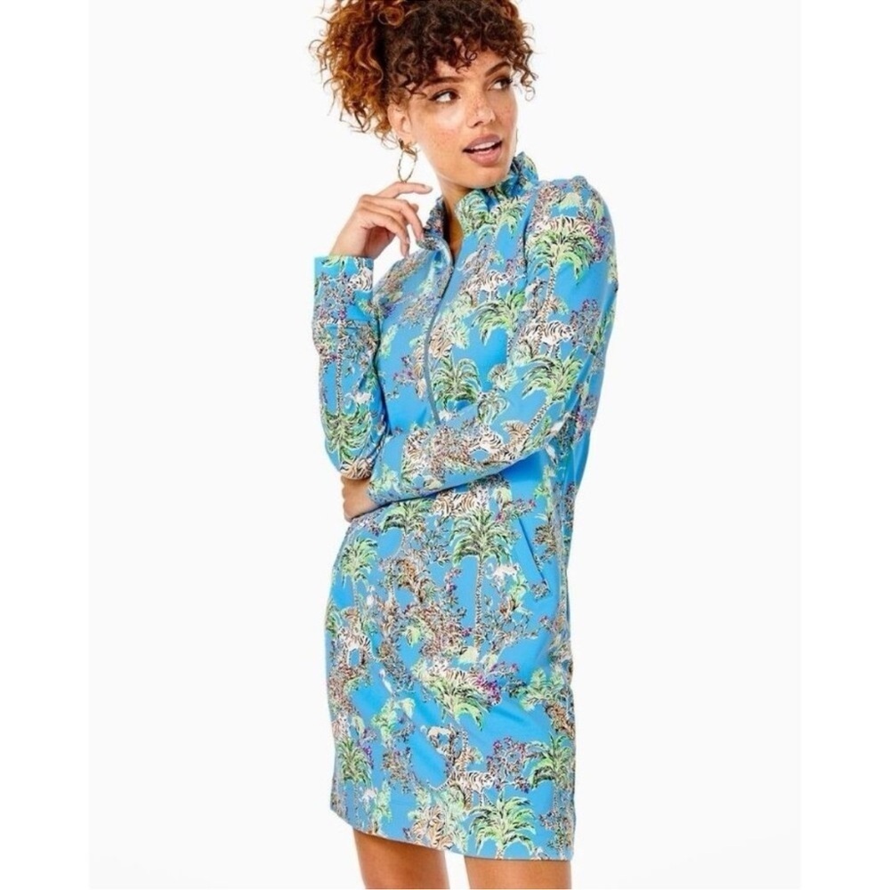 Lilly Pulitzer UPS 50+ Skipper ruffle dress blue thistle tiger queen large NWT
